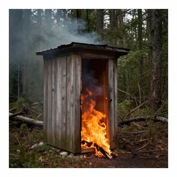 an outhouse burning in the forest by thomas kincade