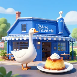 the blue goose tavern. a big and famous roadside tavern. delicious fried pudding with sweet liquor is served here. digital art