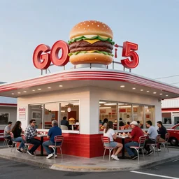 1 9 7 5 googie hamburger themed classic american diner, people sitting at tables, googie architecture, two point perspective, americana, restaurant exterior photography, hd 4 k, taken by alex webb