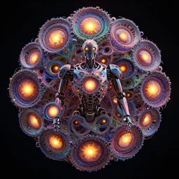 a multicolor fractal mandelbulb beautiful god with multiple glowing eyes by alex gray and android jones, concept art, sharp angles, robot, octane render, 8 k, unreal engine