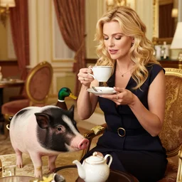 A blonde lady having tea at the ritz with a mallard and a pig