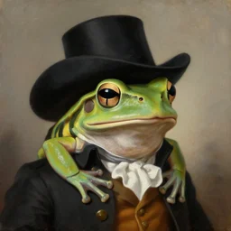 a head and shoulder portrait painting of an [ anthropomorphic amazon milk frog wearing a colonial outfit ] ( ( ( hat ) ) ), looking off camera, a character portrait : : american romanticism : : oil on canvas : : soft focus