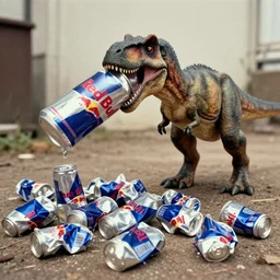 old photo of a dinosaur drinking a giant jar of red bull, on the ground there are many crumpled jars of red bull