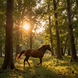 a forest with a beautiful sunset, enhanced photo, lens flare passing by, with horse running through trees, 4 k, hd, realistic