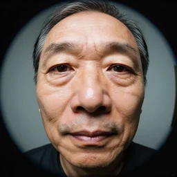 an ultra wide fish eye close up portrait photo of a 7 0 year old man's face with a purple floodlight shined on him, 4 k, 8 k, ultra hd, photorealistic.