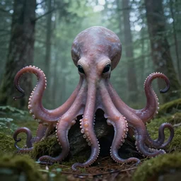 alien octopus monster in a swedish forest, very low angle photograph, very detailed, trending on artstation, realistic, soft colors, simon stålenhag