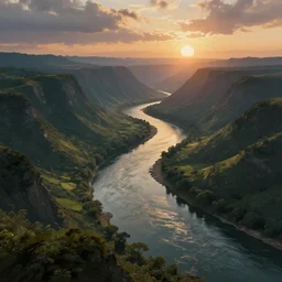 digital painting of a lush sinuous river valley by. river. sunset. no mans sky. chiho aoshima. digital render. detailed. beautiful landscape.