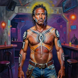 palette knife oil painting portrait of eddie dreamtime, an athletic middle - aged man in hipster clothes and australian aboriginal body paint, with magical reality bending powers, in a concrete nightclub, psychedelic, artstation trending, artgerm, any racial background, deviant art, hipster, octane, substance, art history 8 k