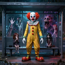 clown at a bus stop scariest horror nightmare by beksinski and junji iyo and horiyoshi iii, digital art, deepdream cosmic, 3 d high definition, trending on artstation, hyper detailed, trending on deviantart, unreal engine