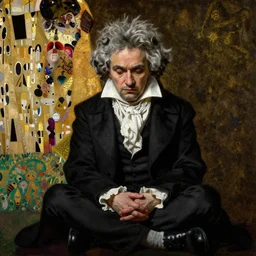 highly detailed oil painting | very intricate | cinematic lighting | black, white and gold color scheme, dark background | the beast ludwig van beethoven in meditation | by roberto ferri, by gustav moreau, by singer sargent and klimt, american romanticism, occult art | by austin osman spare, artstation, cgsociety, official art, octane