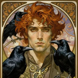 realistic detailed face portrait of a rugged handsome male raven prince with ravens by alphonse mucha, ayami kojima, amano, greg hildebrandt, and mark brooks, male, masculine, art nouveau, neo - gothic, gothic, character concept design