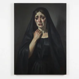 ruby by tomma abts. this installation art was painted in 1 9 3 7 during the guerra civil espanola. the woman in the installation art is weeping. she is wearing a black dress & a black veil. her face is distorted by grief. the installation art is dark & somber.