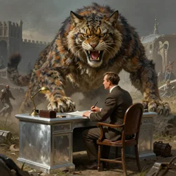 high fantasy 1 9 8 0's wargame airbrushed artwork - inspired octane render, a vintage news man in a vintage suit sitting at a silver desk being attacked by a giant monstrous wildcat beast