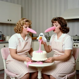 1973 two curvy women in a vintage kitchen baking a cake wearing an inflatable long prosthetic snout nose made of gooey pink slime, soft color wearing stripes sitting on chairs covered in soft fabric, pink slime everywhere, grey striped walls, studio lighting 1973 color film archival footage holding a hand puppet that looks like Caspar the Friendly Ghost, 16mm Russ Meyer John Waters Almodovar Doris Wishman