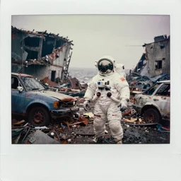 faded photographs of american white spacesuit chubby astronaut in postapocalyptic abandoned destroyed deep sea, wrecked buildings, destroyed flipped wrecked cars, polaroid photo, vintage, 1 9 8 5, neutral colors, rainy day, by gregory crewdson