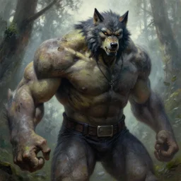 frazetta hulked oversized rugged werewolf cyborg wolf concept art macro medium close up shot in deep forest, mist, overcast, backlighting, oil painting by frank frazetta by greg rutkowski