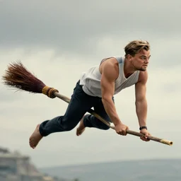 leonardo dicaprio, muscular, flying on a broomstick, high definition, cinematic, intro