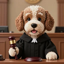 a closeup photorealistic illustration of a knitted bernedoodle judge puppy wearing a black justice gown and speaking from the front of the courthouse. holding a gavel. this 4 k hd image is trending on artstation, featured on behance, well - rendered, extra crisp, features intricate detail, epic composition and the style of unreal engine.