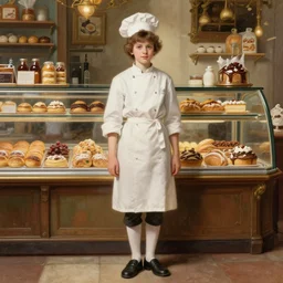 portrait young vainona rider as confectioner in a pastry shop, full length shot, shining, 8 k highly detailed, sharp focus, illustration, art by artgerm, mucha, bouguereau