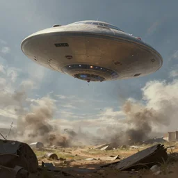 low angle view ufo crash landing site, concept art, digital painting, trending on artstation, deviantart, epic composition, extremely detailed, volumetric lighting, masterpiece, octane render