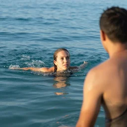 woman swimming in the ocean while her husband watches her