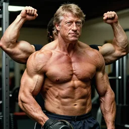 real photograph, very muscular!! steroids bulky shirtless bill gates pumping iron, photo mid shot
