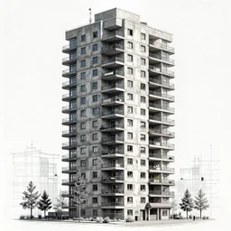 a brutalist tower block, high quality, architectural blueprints