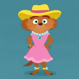 detailed flat 2 d : marten character : wearing jewelry : wearing a pink dress : wearing yellow hat : dressed as a showgirl : head torso legs feet : lorax movie : artstation