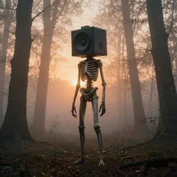 tall subtle alien, ribs and skeleton body, big speaker head, lost in the foggy woods, by simon stalenhag, roger dean and greg rutkowsky, sunset