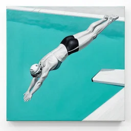 acrylic painting on wood of a 1 9 5 0's woman wearing a swimming cap diving from a high diving board into a pool. the pool is out of frame. teal, white, black and grayscale.