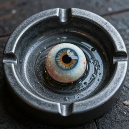 oil panting of a human eyeball lying in a ashtray