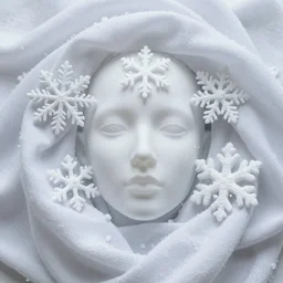 surreal photography silk snowflake with a ghostly white human face