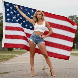 daisy Duke from the dukes of hazard posing with the American flag, wide shot, realistic, 8k resolution, hyperdetailed, highly detailed, real life, outside lighting, high quality, photo