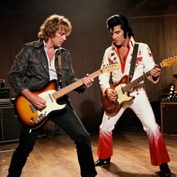 full color wide angle two shot of roy buchanan playing his telecaster with elvis presley, cinematic