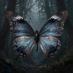 a butterfly made of shattered hopes, grimdark fantasy painting of a cosmic butterfly on a shadowed forest background