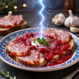 khokhloma plate of borscht, sliced salo on brown bread, hyper realistic, foodphoto, extremely detailed, photorealism, garlic on background, side view, bokeh, epic lightning, yamy, sigma 8 5 mm f 1. 5