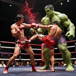 buakaw muay thai fighting solo against hulk in the boxing stage, john woo, akira kurosawa, george miller, james cameron, cinematic, ultrarealism, red water splash, michael bay,