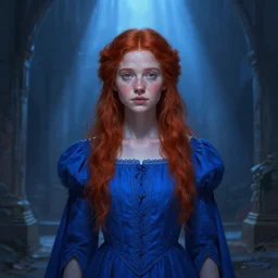 daily life portrait of a ginger maiden inside a castle, god ray, gloomy, strong subsurface scattering, cobalt blue, symmetrical, highly detailed, digital painting, artstation, art by artgerm and greg rutkowski, concept art, smooth, sharp focus, illustration, cinematic lighting, 8 k resolution