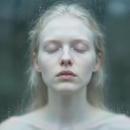 out of focus photorealistic portrait of a beautiful aesthetic pale woman by saul leiter, behind a wet glass, very blurry, translucent white skin, closed eyes, foggy