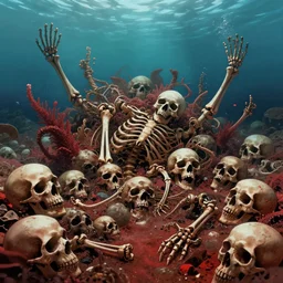 detailed, sharp,red sea filled with skeletons and skulls, matte painting, digital art. surreal. trending on art station. anime arts. featured on Pixiv, HD, 8K, highly detailed, good lighting. beautiful. epic.