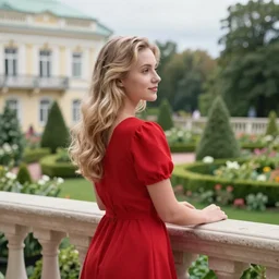 portrait of a very attractive young russian blonde wearing a red dress looking towards a heavenly garden from the balcony of a palace, realistic, photography