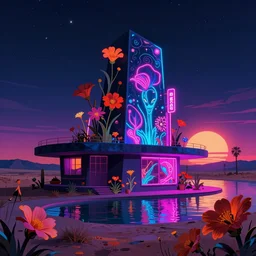 architecture by frank lloyd wright, flowers desert bladerunner 2 0 4 9 lightpaint neon noir at night nightsky synthwave sunset retrowave anime at dusk reclaimed by nature neon signs thermal vision morning sun at dawn magic realism lake alien myst vaporwave, archdaily, wallpaper, highly detailed, trending on artstation.