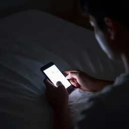 a man in bed typing into discord on his iphone in bed at night. only light from the phone. seen through his perspective.