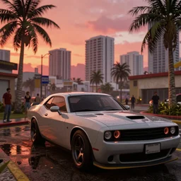 still next - gen ps 5 game grand theft auto v 2 0 2 4 remaster, graphics mods, rain, red sunset, people, rtx reflections, gta v, miami, palms and miami buildings, screenshot, unreal engine, 4 k, 5 0 mm bokeh, close - up dodge challenger, gta vice city remastered, artstation