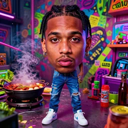 playboi carti, photorealistic, detailed face, full body shot, 8 k, hd, neon colors, over saturated colors, wok, cluttered background with hype things, mumble,