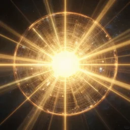 dyson sphere in space, radiant core shining through, horizontal sun rays, intricate abstract, symmetry, unreal engine tech demo, golden hour, scifi, ( ( ( by robert mccall ) ) ) ( studio ghibli )