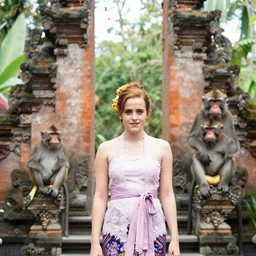 emma watson wearing traditional kebaya bali in bali. iconic monkey place in bali. front view. instagram holiday photo shoot, perfect faces, 8 5 mm