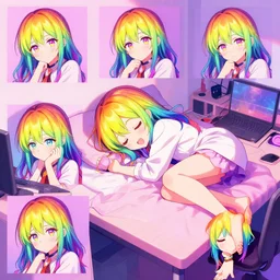 digital anime art!!, gamer girl! bedroom sleeping on desk!!, rainbow eyes, rainbow hair, iterations = 5 0 0 0, wlop, rossdraws, artgerm, ross tran