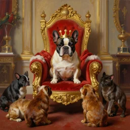 8k highly detailed oil matte painting by Charles Landelle of A French Bulldog King, decadent throne room, the other animals prostrate themselves before the throne