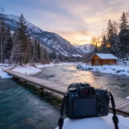 DSLR still of a beautiful mountainside river with a pier and a log cabin at sunrise in winter, 4k